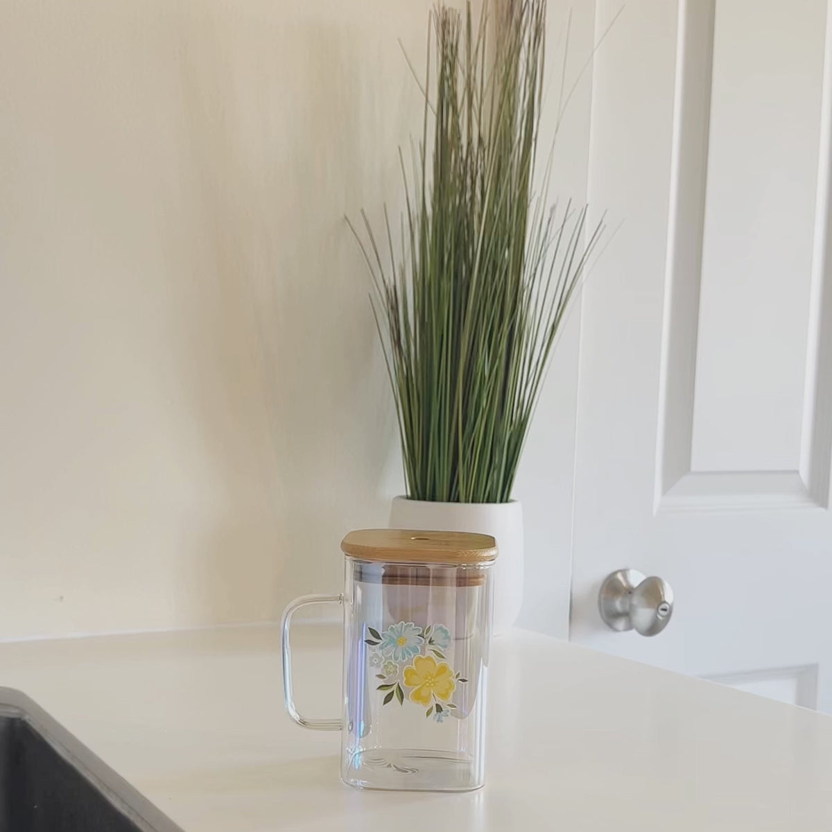 Dainty Floral Blue & Yellow Square Glass Cup