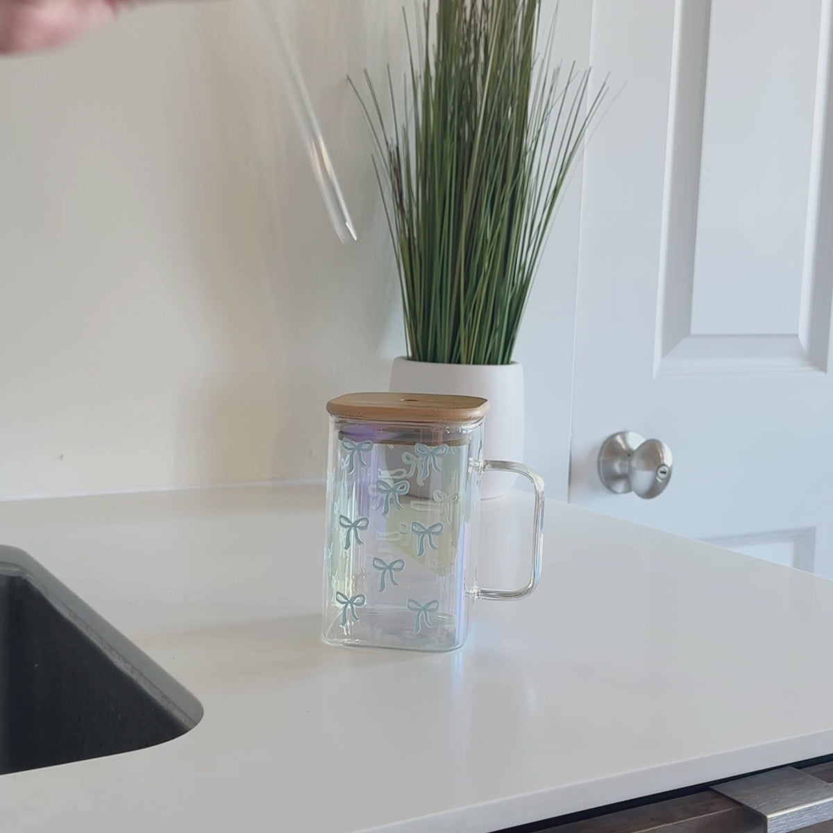 Bows Blue Square Glass Cup