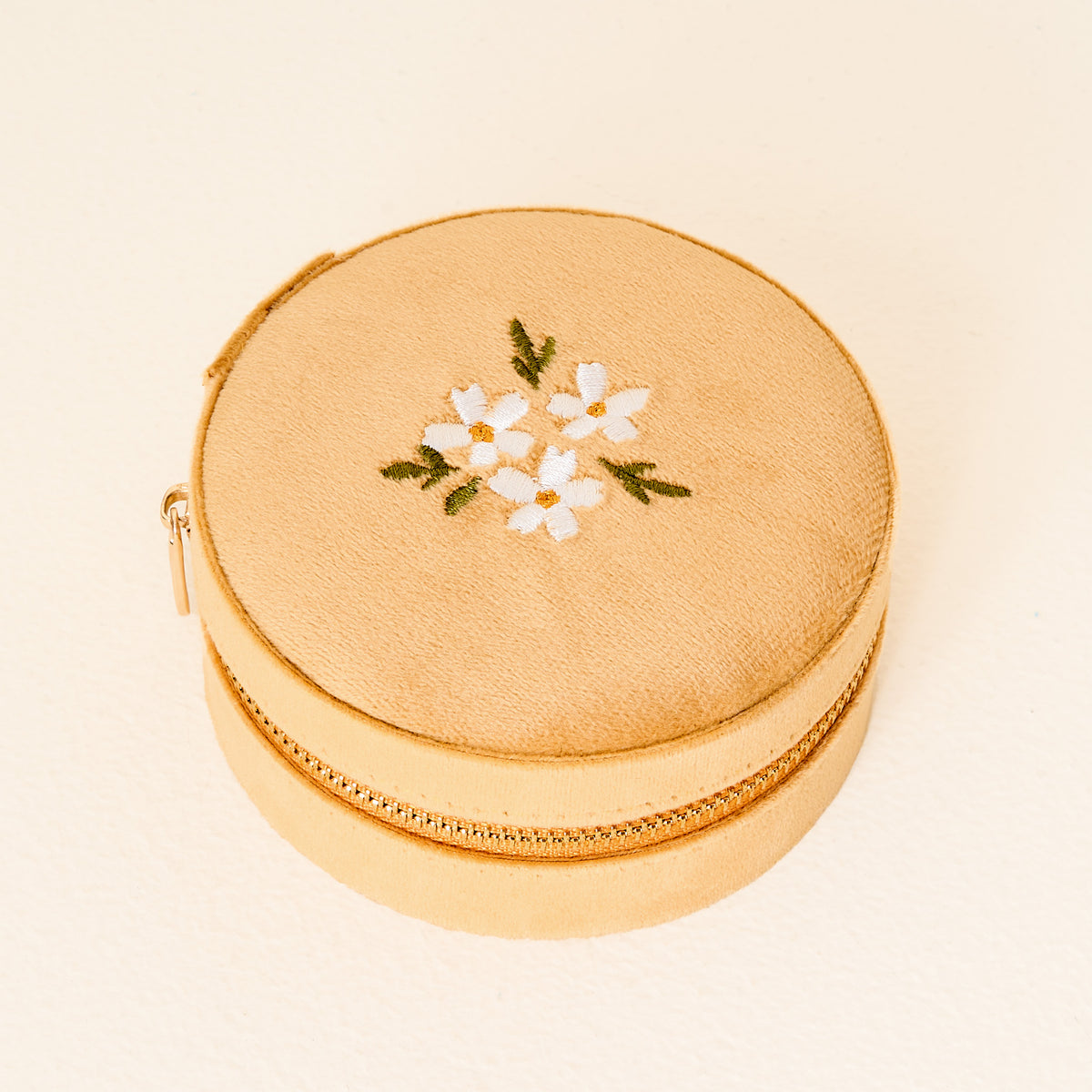 Floral Golden Round Velvet Jewelry Case