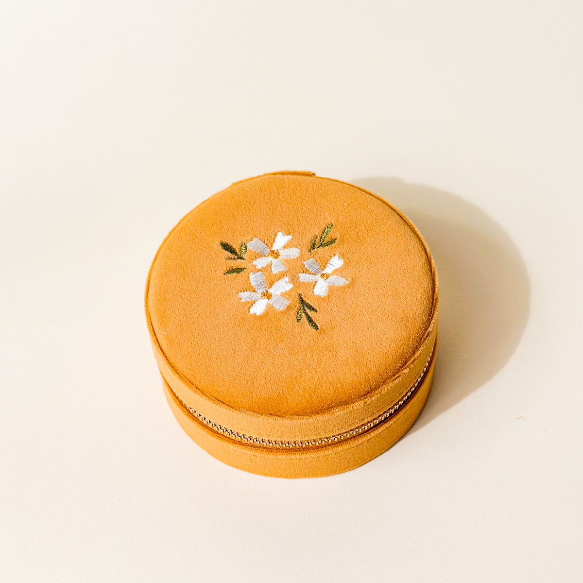 Floral Golden Round Velvet Jewelry Case