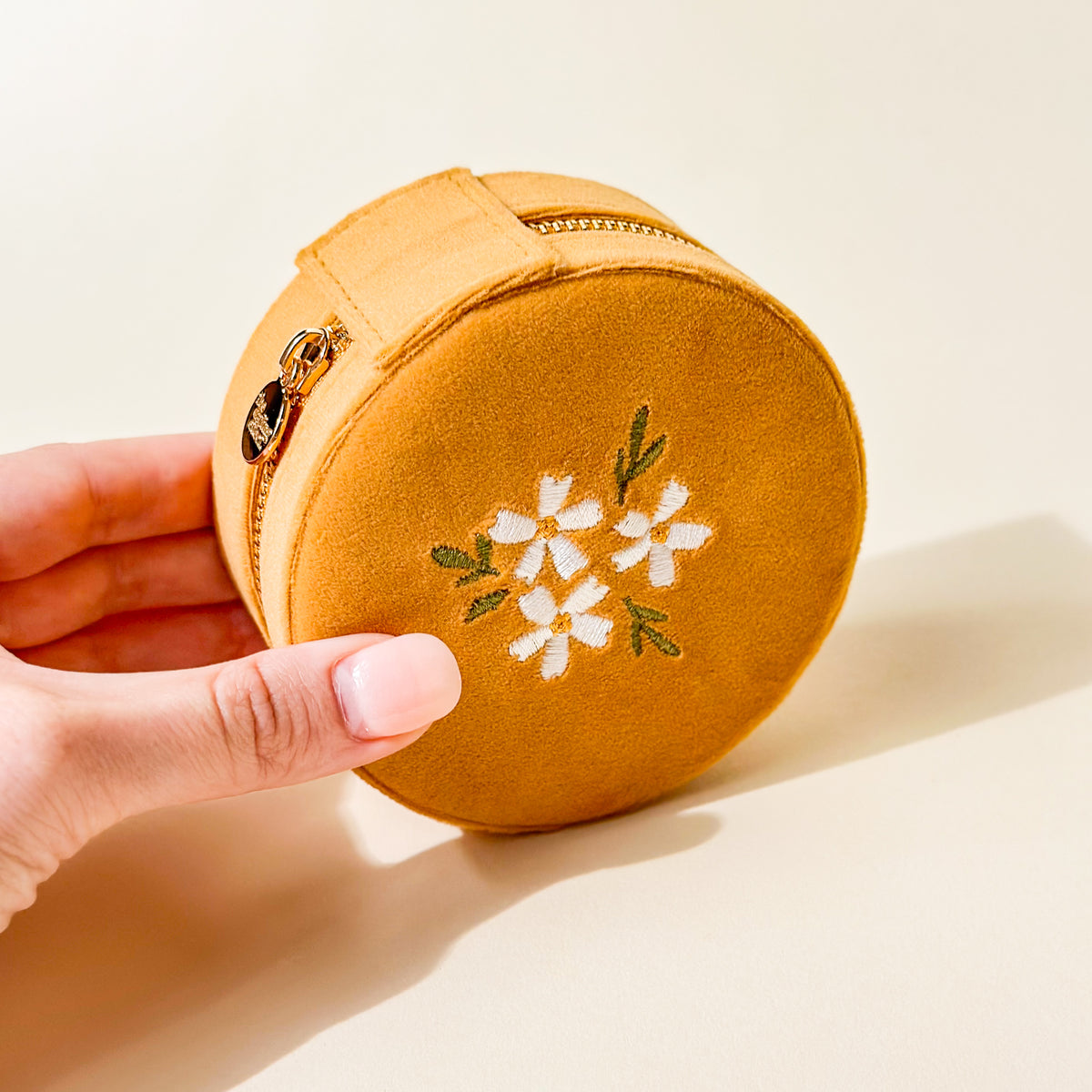 Floral Golden Round Velvet Jewelry Case