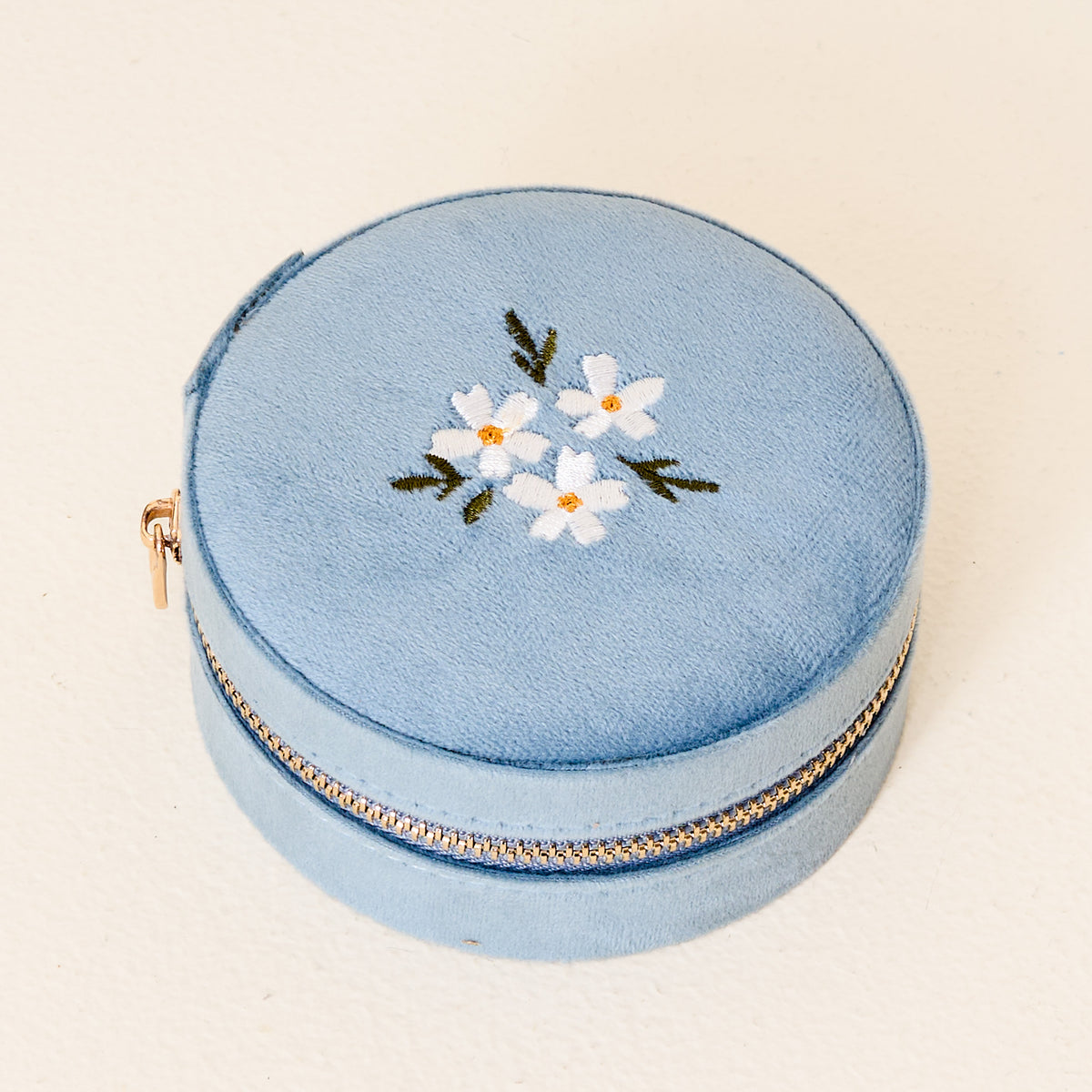 Floral Misty Blue Round Velvet Jewelry Case