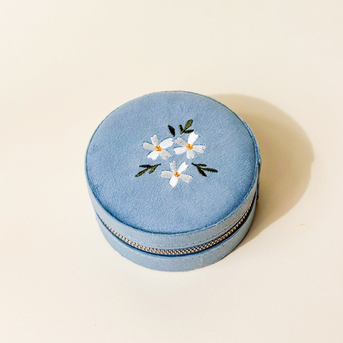 Floral Misty Blue Round Velvet Jewelry Case