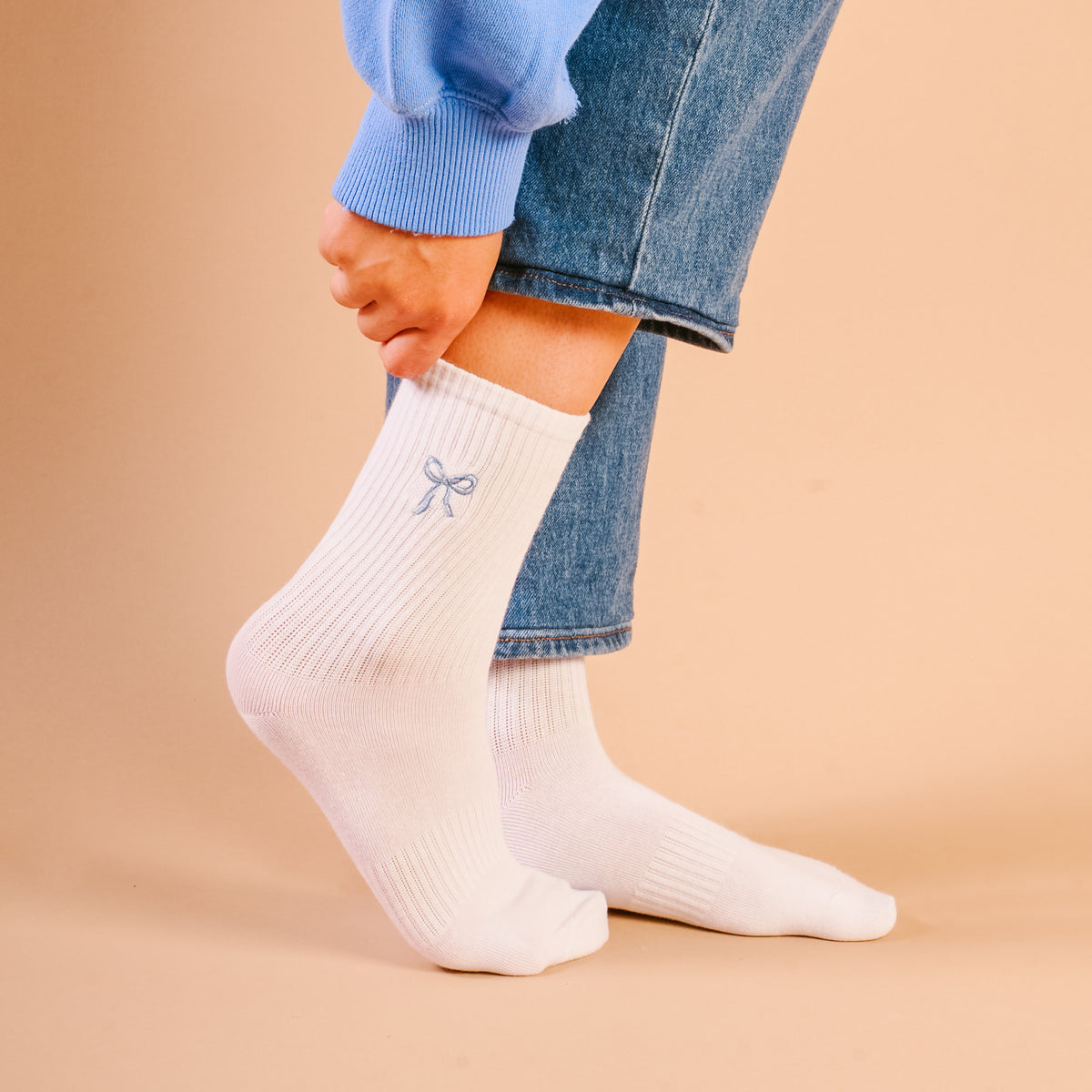 Blue Bow Embroidered Crew Socks