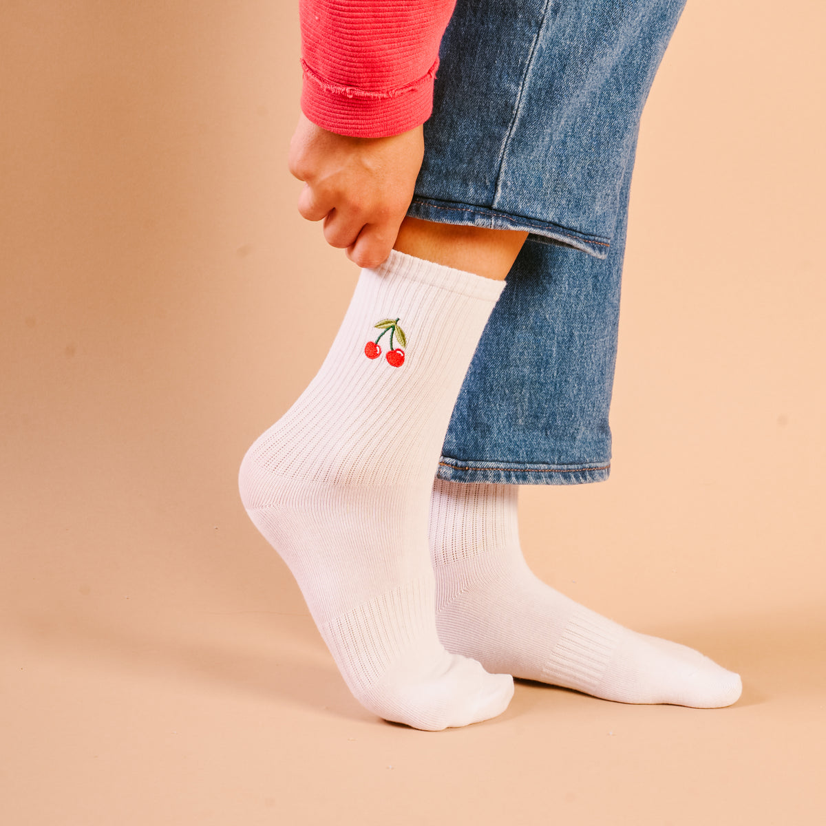 Cherries Embroidered Crew Socks