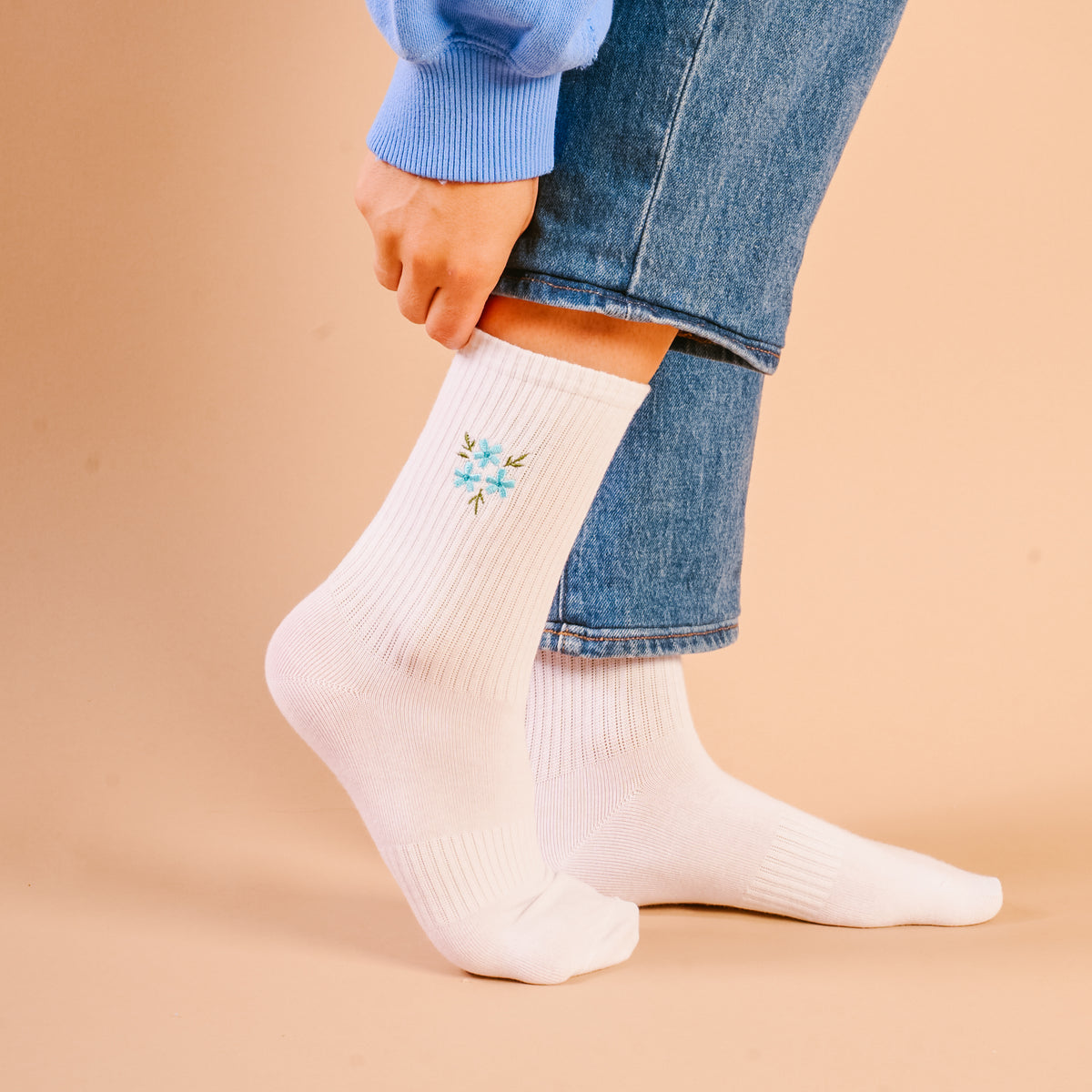 Floral Blue Embroidered Crew Socks