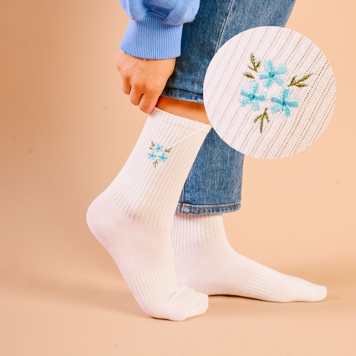 Floral Blue Embroidered Crew Socks