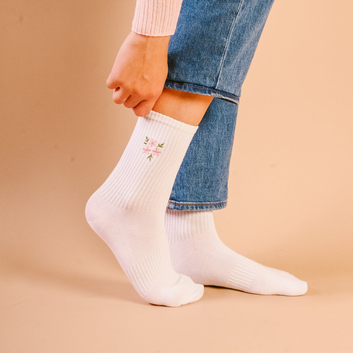 Floral Pink Embroidered Crew Socks