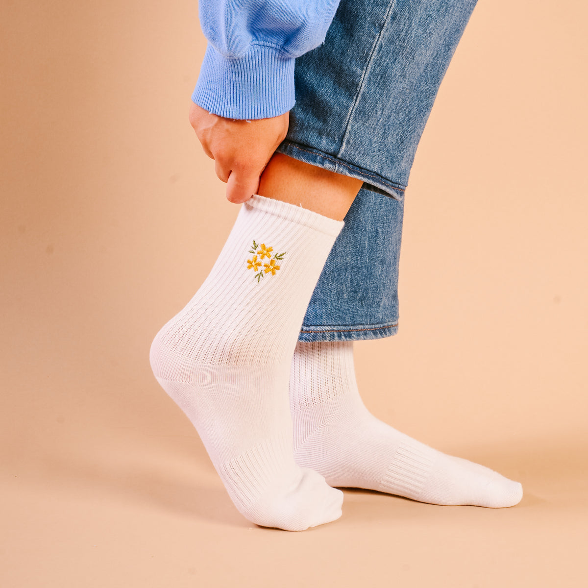 Floral Yellow Embroidered Crew Socks