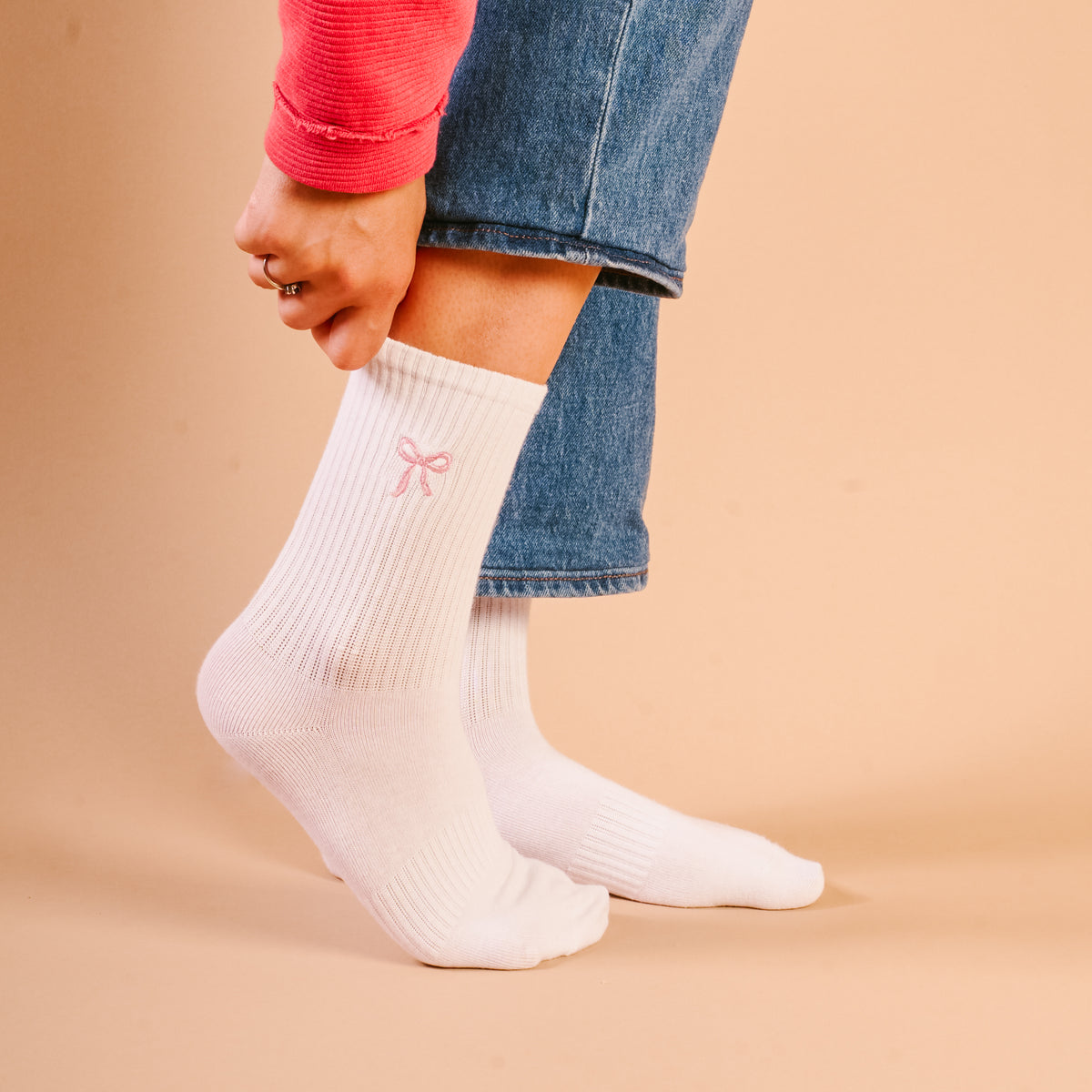 Pink Bow Embroidered Crew Socks