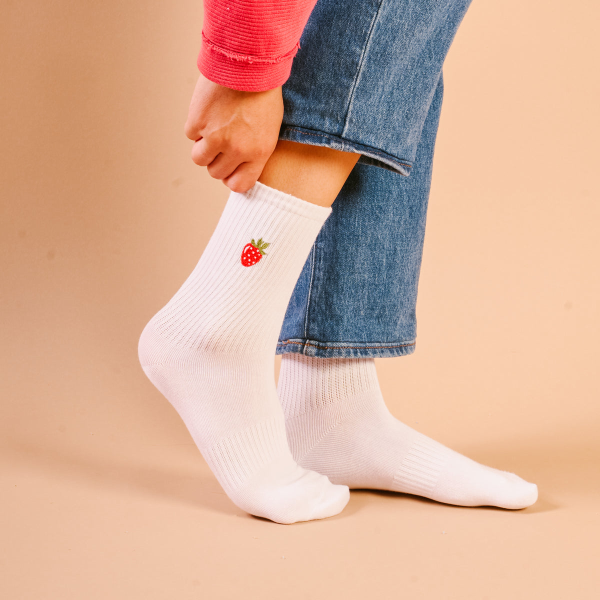 Strawberry Embroidered Crew Socks