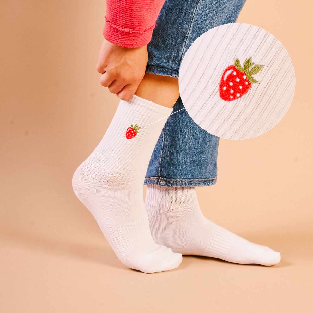 Strawberry Embroidered Crew Socks