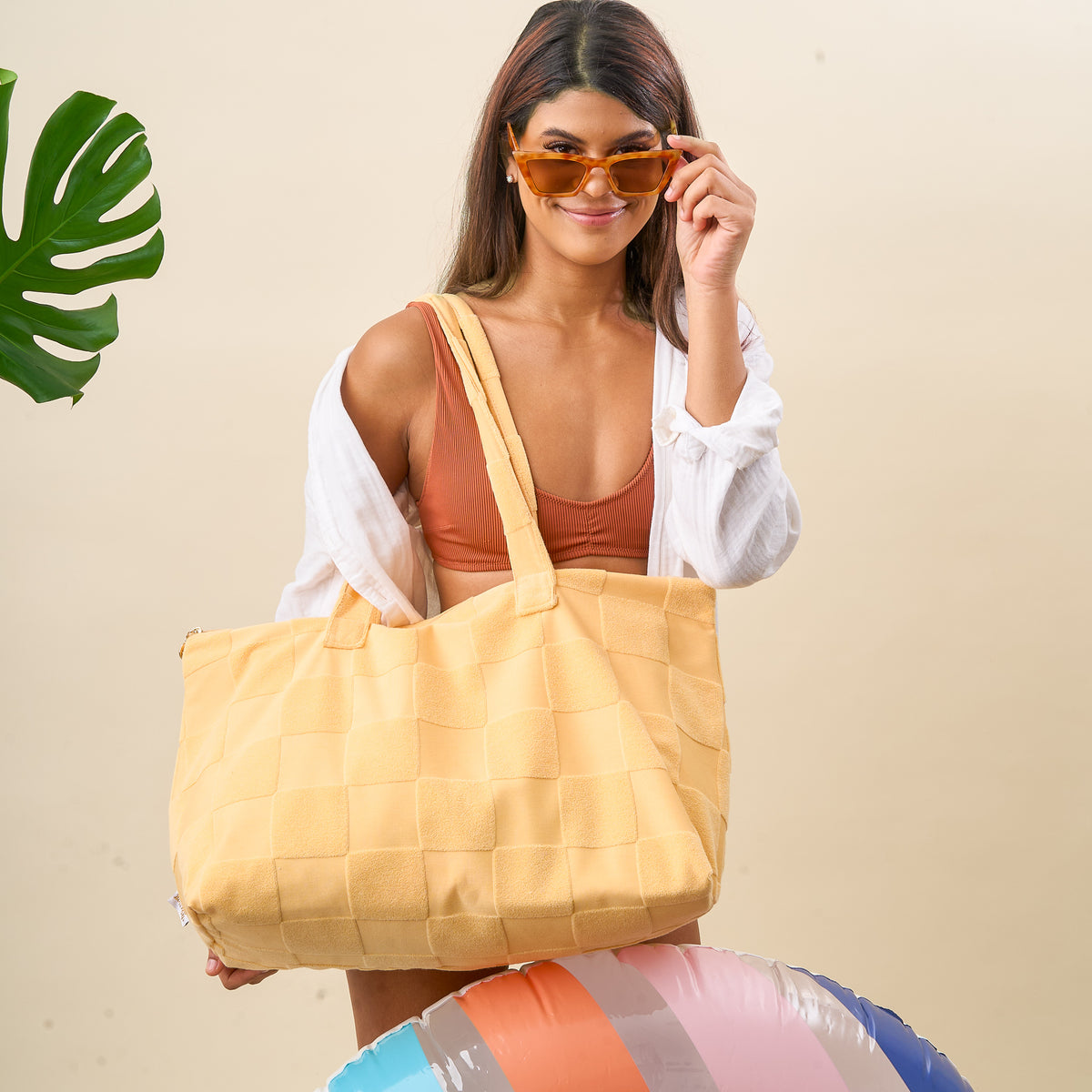 Peach Check Terry Tote