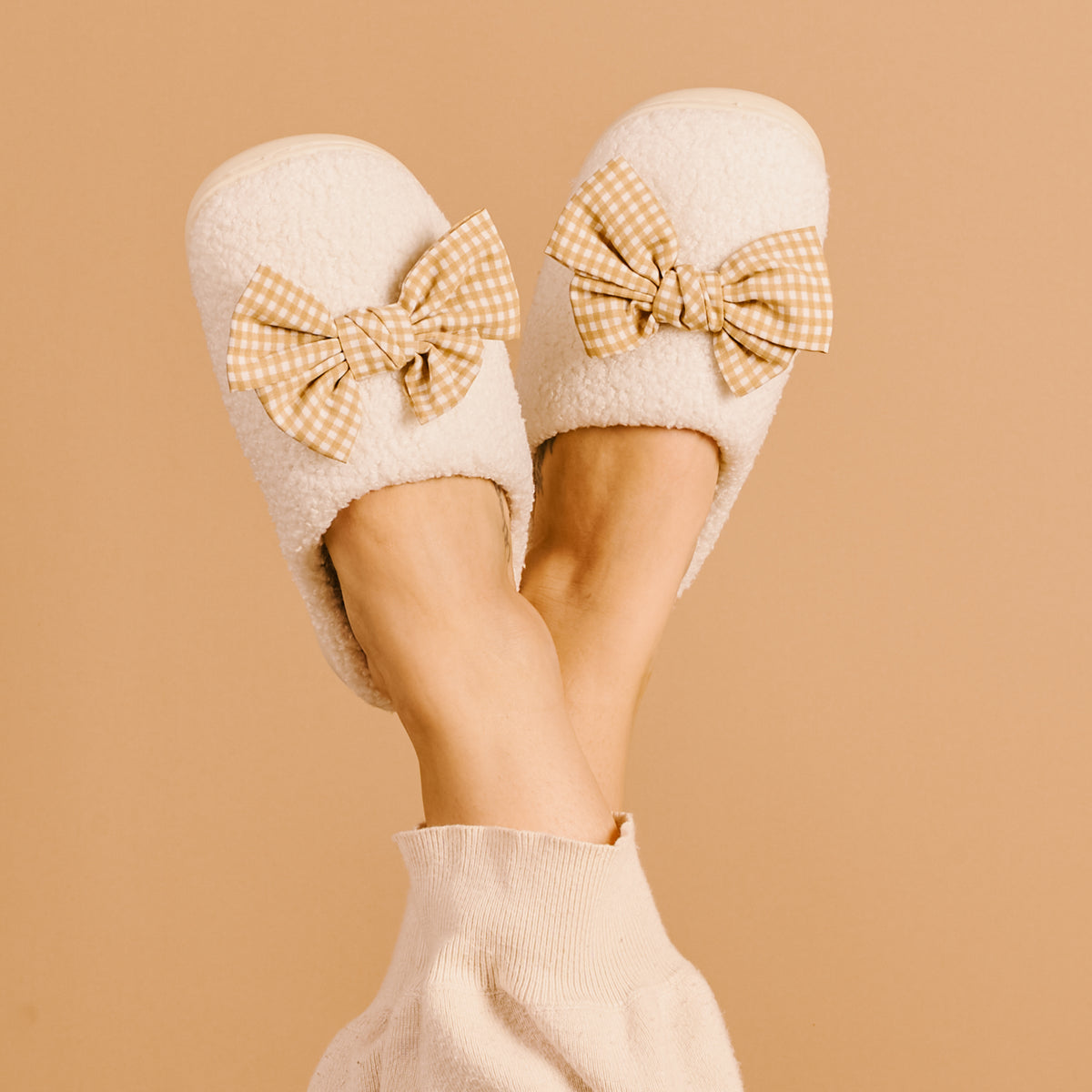 Betty Bow Maple Gingham Fuzzy Slippers