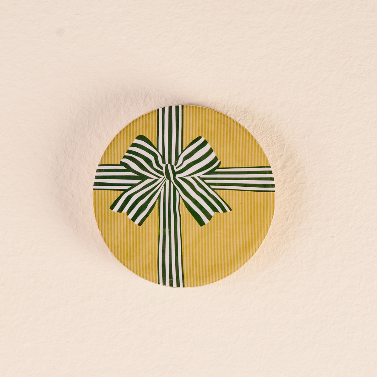 Holiday Gift Bow Green Wood Enamel Coaster