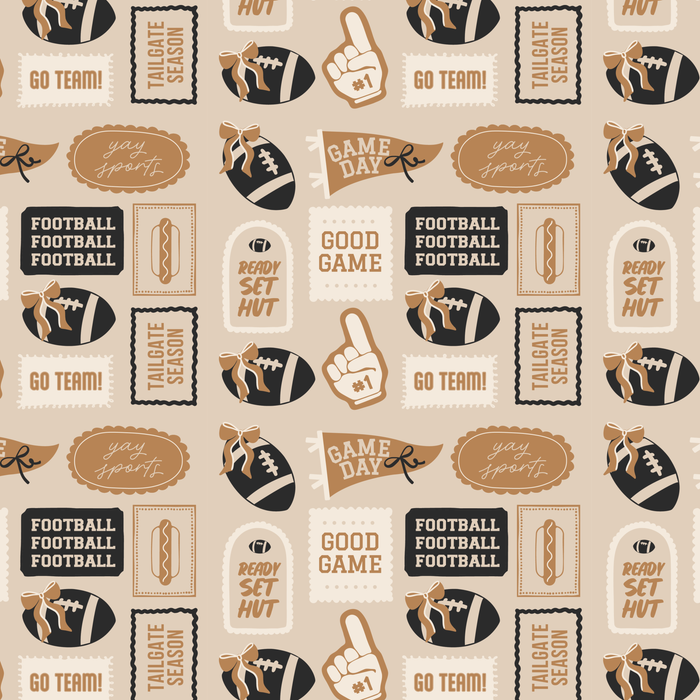 Seamless pattern with footballs, foam fingers, hotdogs, and signs saying GAME DAY, GO TEAM!, TAILGATE SEASON, READY SET HUT, and GOOD GAME in beige, brown, and black colors.