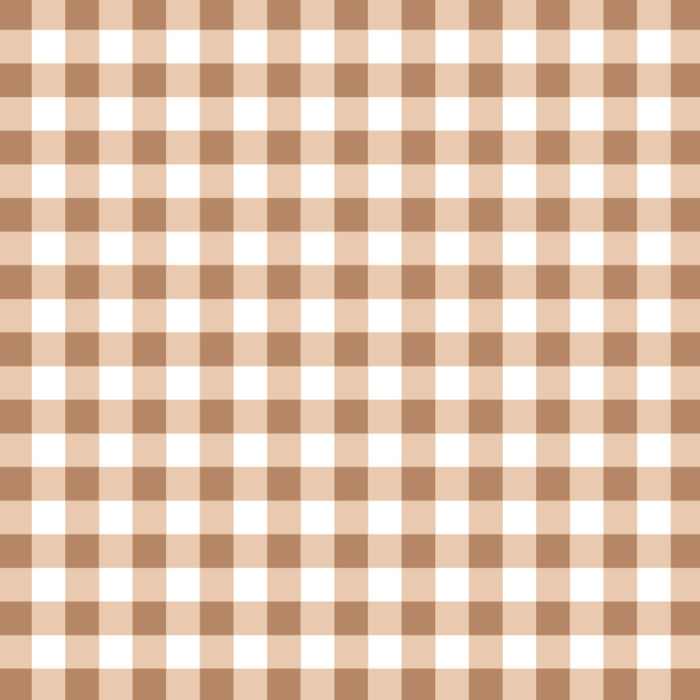 A seamless gingham pattern featuring evenly spaced horizontal and vertical brown stripes on a white background, creating a simple checkered design.