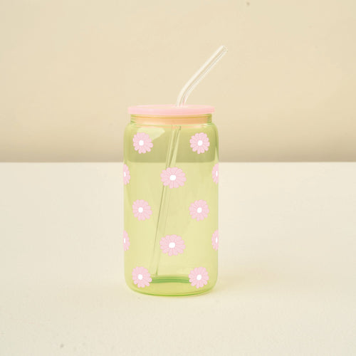 The Darling Effect Green Color Glass Round Cup features a translucent green body, pink flower decals, a pink lid, and a clear glass straw for stylish drinkware elegance.