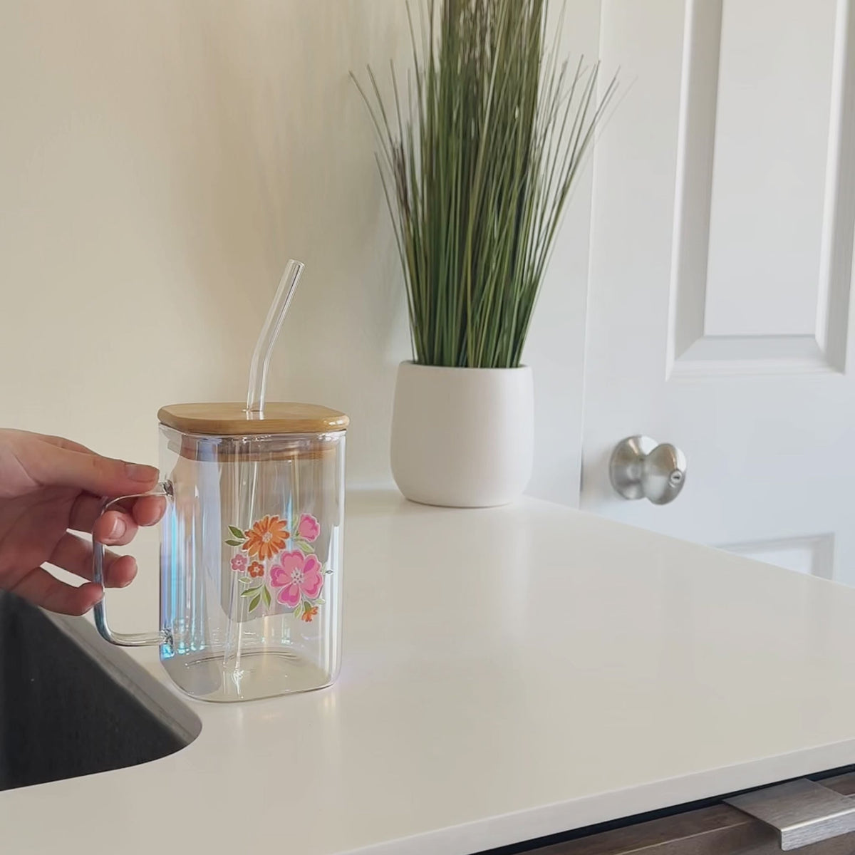 Dainty Floral Pink Square Glass Cup