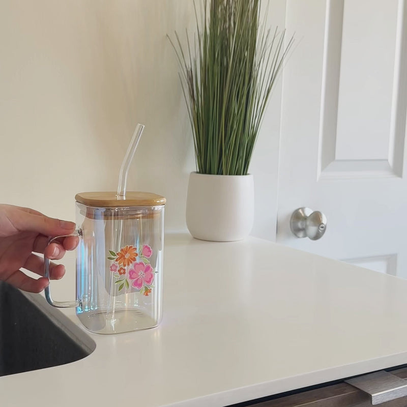 Dainty Floral Pink Square Glass Cup