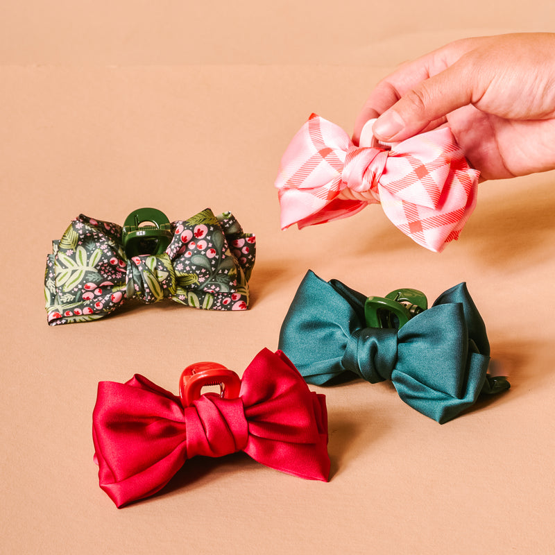 Festive Plaid Mini Satin Bow Claw Clip