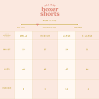 The Darling Effect’s Sicily Stripes Teal All Day Boxer Shorts size chart lists waist, hips, and inseam in inches: S (25, 40, 3), M (27, 42, 3), L (29, 44, 3.5), XL (31, 44, 4). Made from breathable fabric with a trendy look.