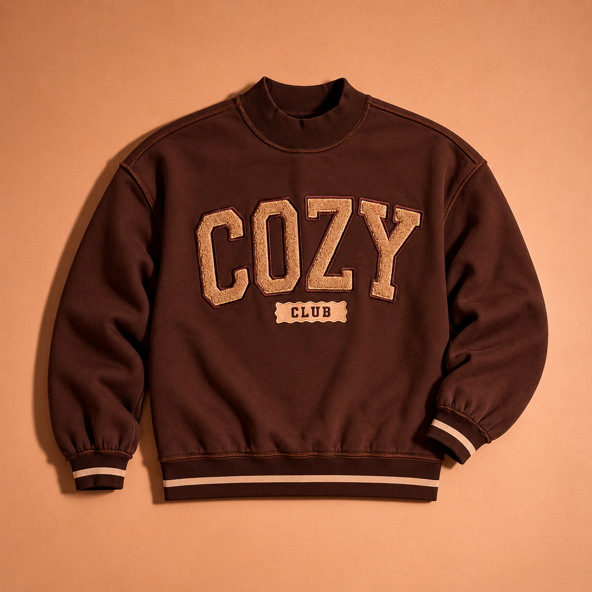 A Cozy Club Mockneck Sweatshirt by The Darling Effect, featuring “COZY CLUB” in bold tan letters across the front, is shown laid flat on a coordinating brown background. Crafted for ultimate comfort with a relaxed fit, this brown mockneck is an ideal staple for your casual, laid-back wardrobe.