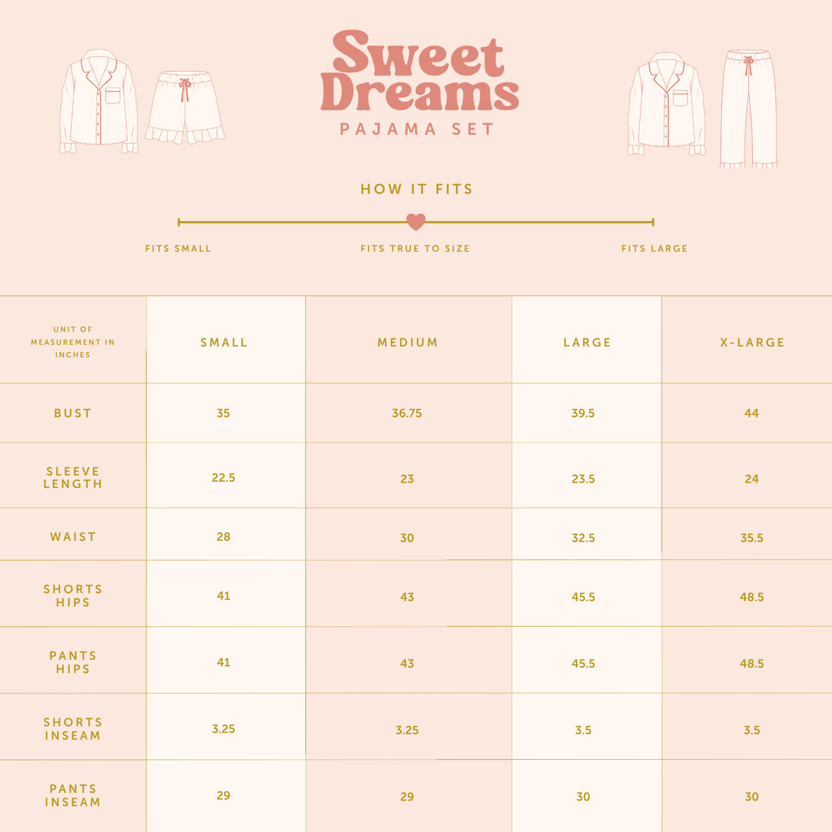 The Darling Effect’s Maple Gingham Sweet Dreams Pajama Pants Set features a detailed sizing chart with measurements for bust, sleeve, waist, hips, and inseam available in small, medium, large, and x-large. Above the chart are illustrations showcasing the pajama top and bottoms. Whether you’re searching for cozy loungewear or a thoughtful gift set, these sizes guarantee a perfect fit for comfort and relaxation.
