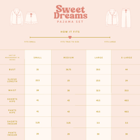 Maple Gingham Sweet Dreams Pajama Shorts Set size chart by The Darling Effect details measurements for small, medium, large, and x-large in bust, sleeve length, waist, shorts hips, pants hips, and pants inseam. Featuring line drawings of the cozy pajama top and shorts—this guide is perfect for finding your best fit or choosing a Maple Gingham pajama gift set.