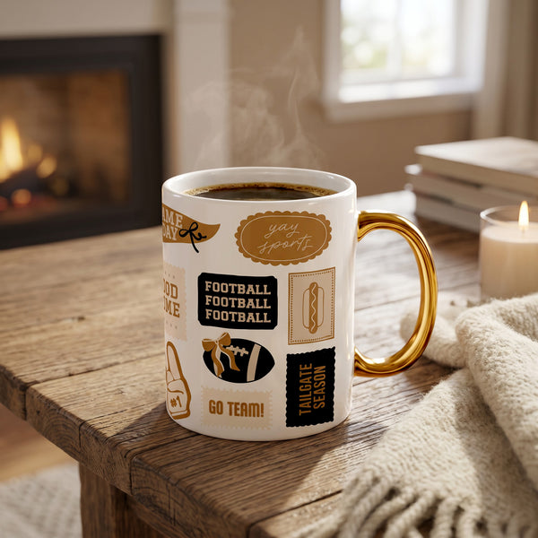 The Huddle Up 11 oz Cozy Cute Ceramic Mug by The Darling Effect, featuring football-themed designs and subtle gold accents, sits steaming on a wooden table next to a cozy blanket, candle, and stack of books, with the warm glow of a fireplace in the background.