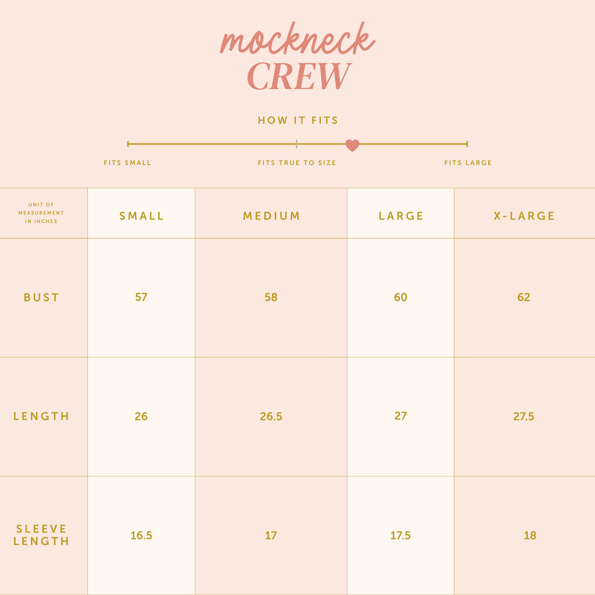 Sizing chart for The Darling Effect Gameday Mockneck Sweatshirt displaying bust, length, and sleeve measurements in inches for sizes Small, Medium, Large, and X-Large, along with a fit guide from Small to Large at the top.