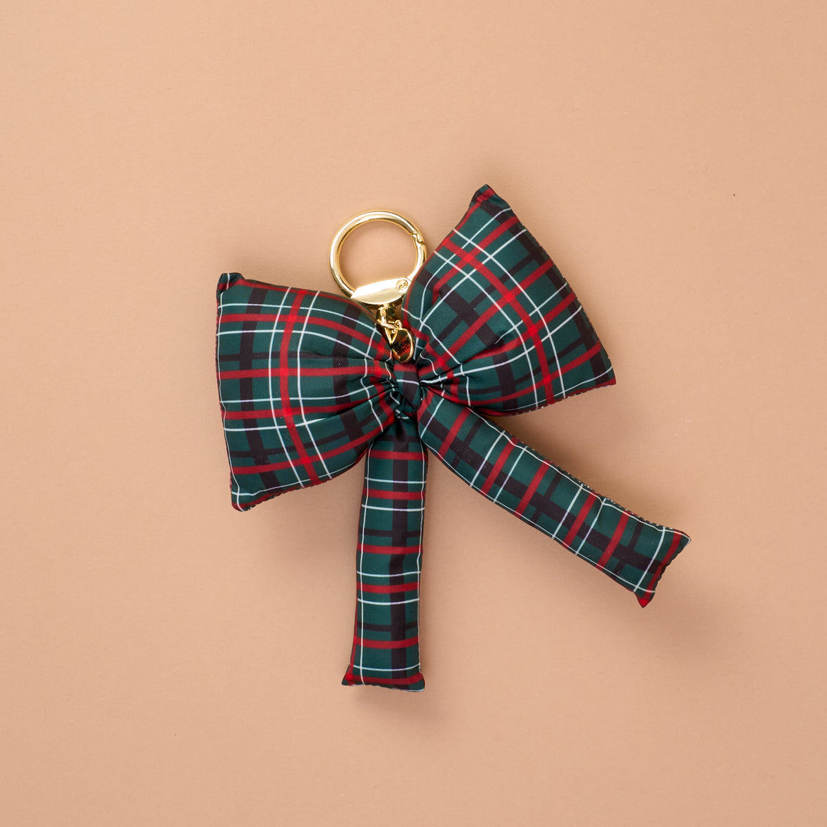 Classic Plaid Puffy Bow Bag Charm featuring a puffy green, red, and white plaid oversized bow on a gold ring clasp.
