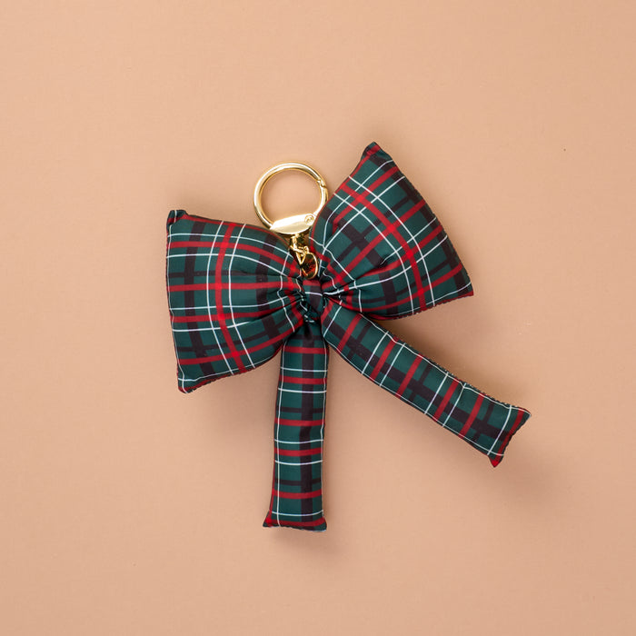 Classic Plaid Puffy Bow Bag Charm featuring a puffy green, red, and white plaid oversized bow on a gold ring clasp.