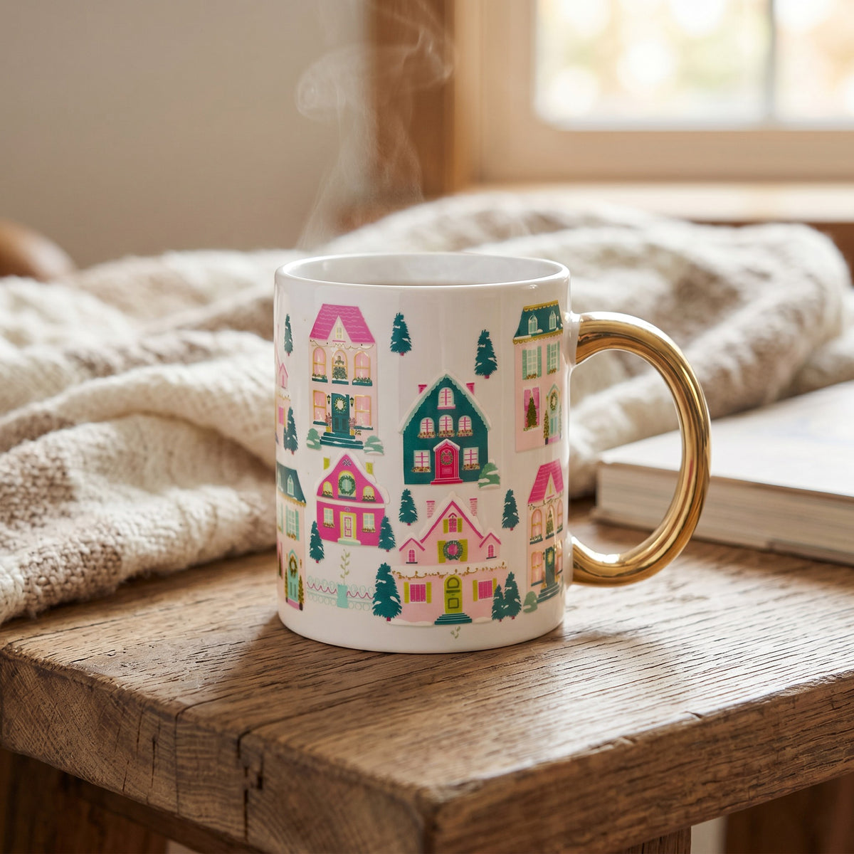 A Pink Pine Village 11 oz Cozy Cute Ceramic Mug with a gold handle and colorful holiday houses sits on a wooden surface next to a knit blanket and an open book, capturing a cozy moment as steam rises from the top.