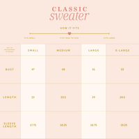 Size chart for the Oh What Fun Classic Sweater showing bust, length, and sleeve length in inches for sizes small through extra-large, with a fit scale indicating the garment is a true-to-size festive layer.