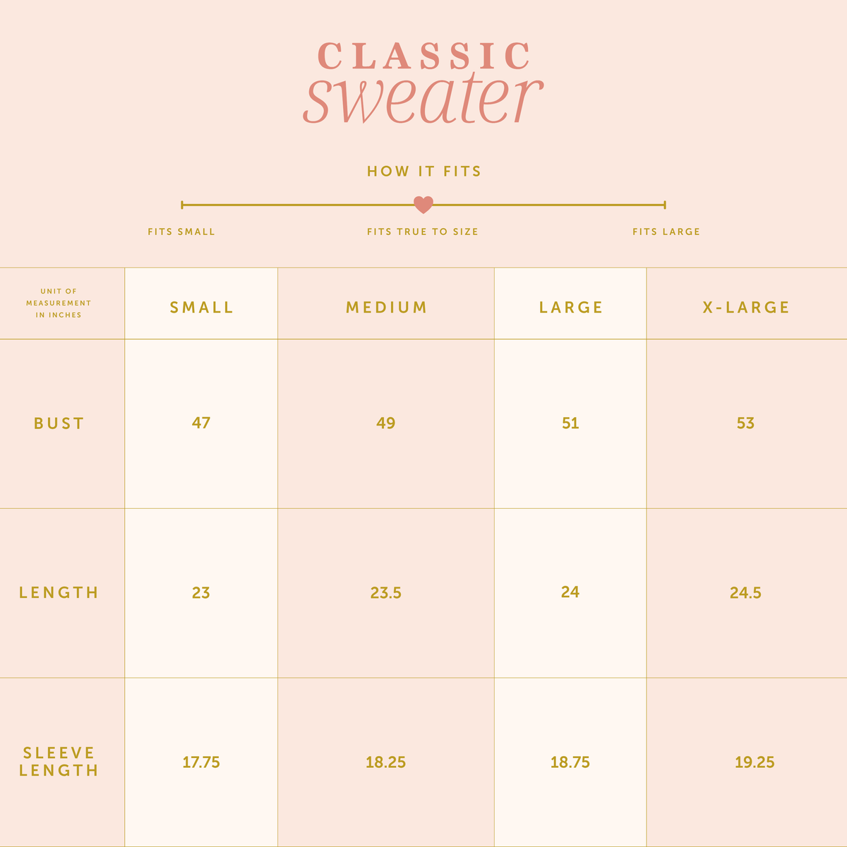 Size chart for the Teddy Bear Theo Classic Sweater, displaying measurements in inches for bust, length, and sleeve length across sizes small through extra-large, with a scale indicating the fit is true to size.