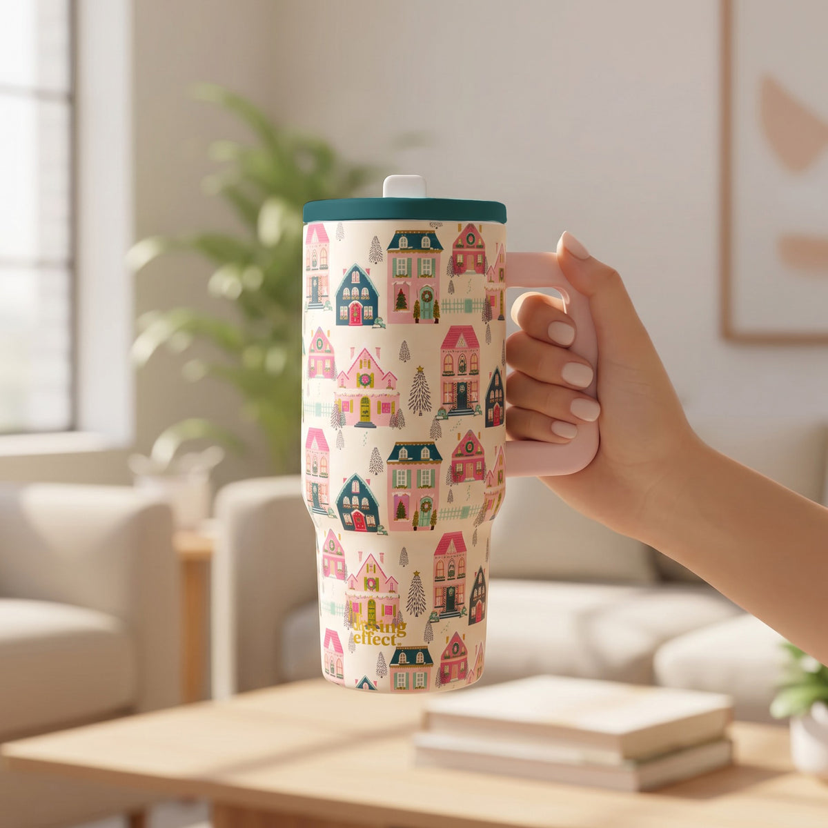 A hand holds a Sugarplum Lane 20 oz Lifestyle Flip Straw Tumbler decorated with a pattern of colorful miniature houses and evergreen trees, topped with a teal lid and a flip straw.