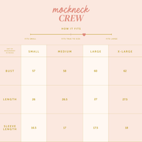 Size chart for the Merry Bow Mockneck Sweatshirt in a relaxed silhouette, displaying true-to-size measurements in inches for bust, length, and sleeve length across sizes small through extra-large.