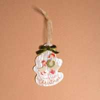 Baby’s First Christmas 2026 Acrylic Ornament featuring two illustrated geese, a green bow, and the text Baby’s First Christmas on an irregularly shaped ornament.