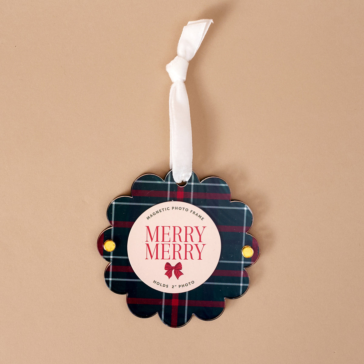Evergreen Plaid Scalloped Round Picture Frame Ornament featuring a dark green and red plaid pattern, hanging from a white ribbon, with Merry Merry text and a red bow icon.