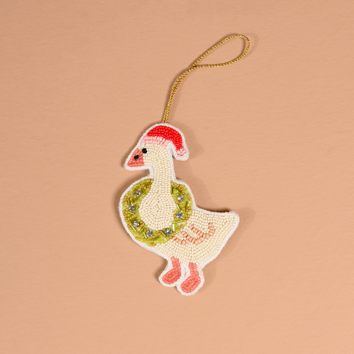 Merry Silly Goose Handcrafted Beaded Ornament featuring a goose wearing a red Santa hat and green wreath with a gold hanging cord.