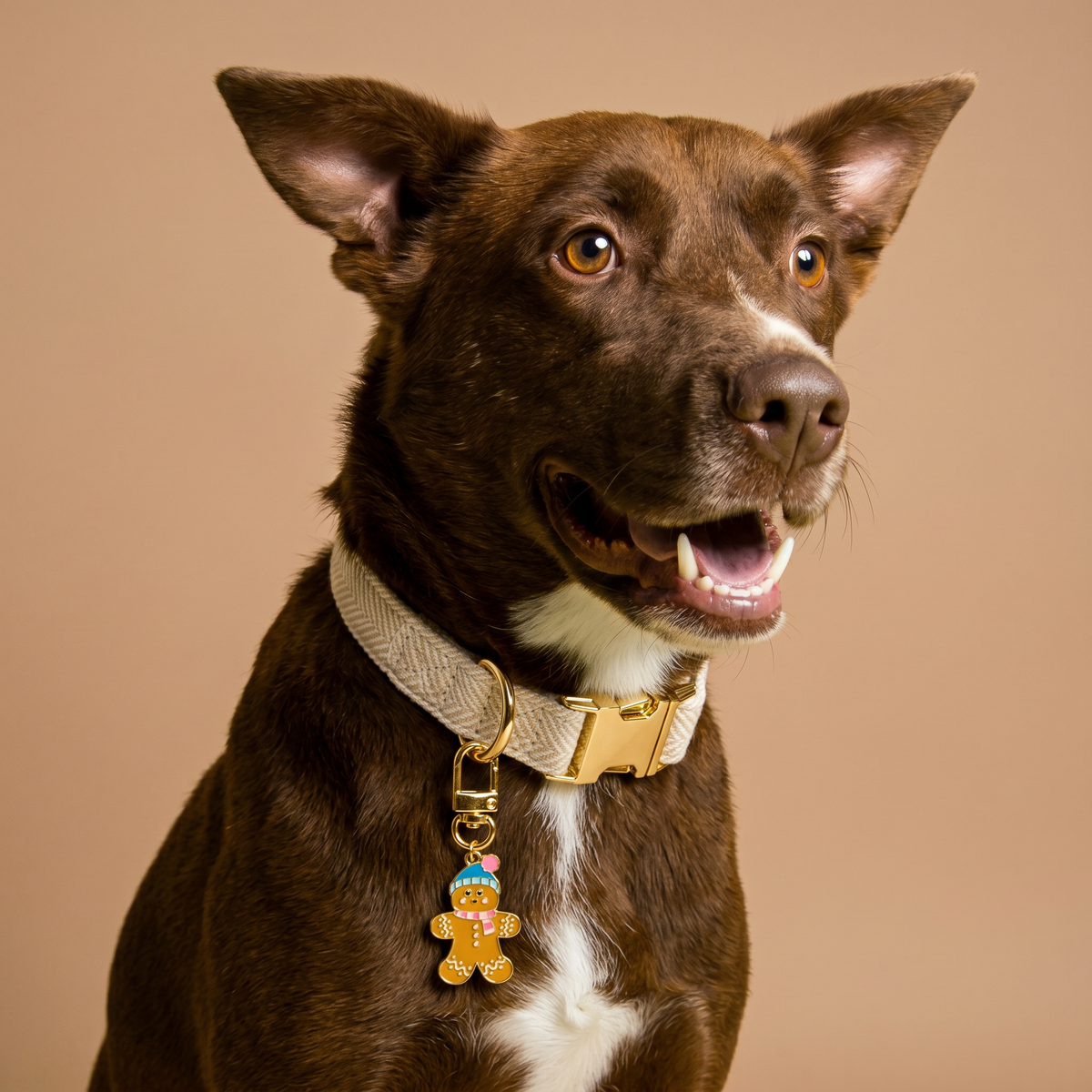 A brown dog wearing a light-colored collar with a Gingerbread Pawfect Collar Charm, showcasing a cute pet accessory.