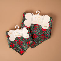 A Merry Moment Bow-Wow Pet Bandana set featuring two triangular bandanas with a dark green pattern of red ribbons, holly berries, and evergreen sprigs, packaged on bone-shaped cardboard hangers.