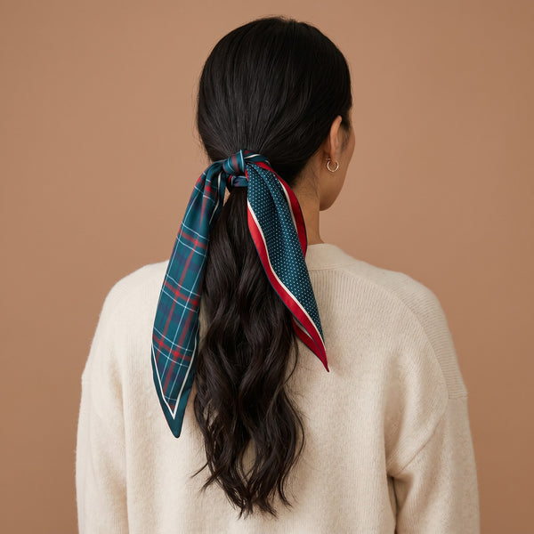 A person seen from behind wears their dark hair in a low ponytail tied with an Evergreen Plaid Twirl & Tie Scarf Accessory, featuring green plaid on one side and navy blue polka dots with red trim on the other.