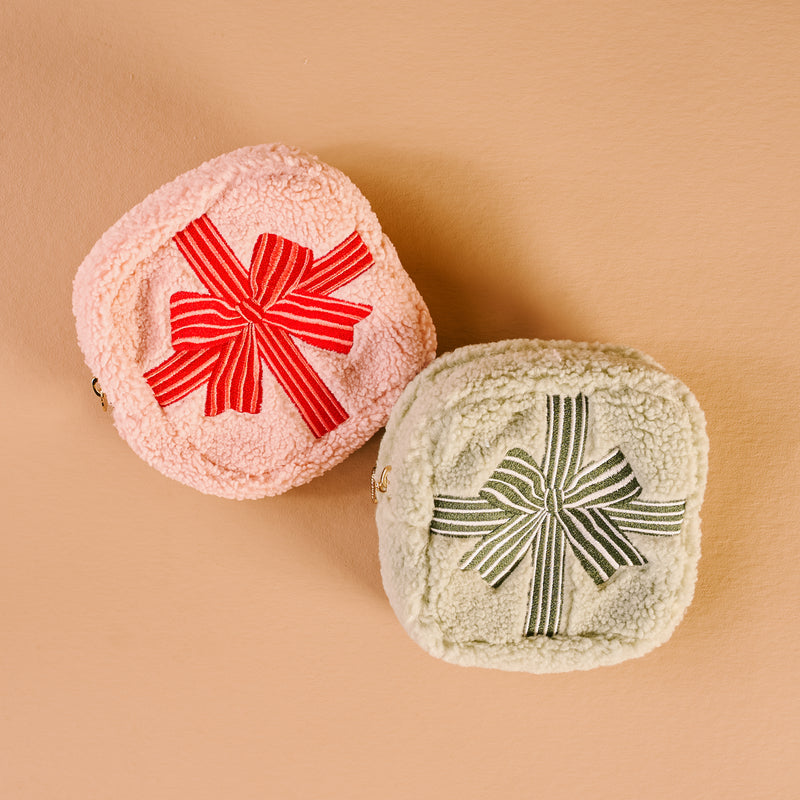 Square Holiday Gift Bow Red Teddy Pouch