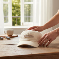 A pair of hands sets The Darling Effect’s Mother Mix & Match Iron-On Patch beige cap on a wooden table beside a coffee cup, sunglasses, and an open window showing green trees.