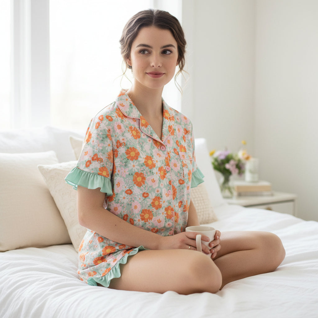A woman in The Darling Effect's Bouquet Beauty Sage Slumber Party Pajama Shorts Set sits cross-legged on a white bed, smiling with a mug in hand. Soft natural light and flowers brighten the cozy bedroom around her.