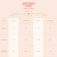 The Darling Effect’s Seaside Haven Refined Knit Sweater size chart includes bust, length, and sleeve measurements (in inches) for sizes Small to X-Large—making it easy to find your perfect fit for this timeless piece.