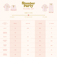 Find the size chart for The Darling Effect’s Bouquet Beauty Sage Slumber Party Pajama Shorts Set, including bust, sleeve, waist, hips, and inseam measurements from Small to X-Large—all in ultra-soft fabric for cozy comfort.