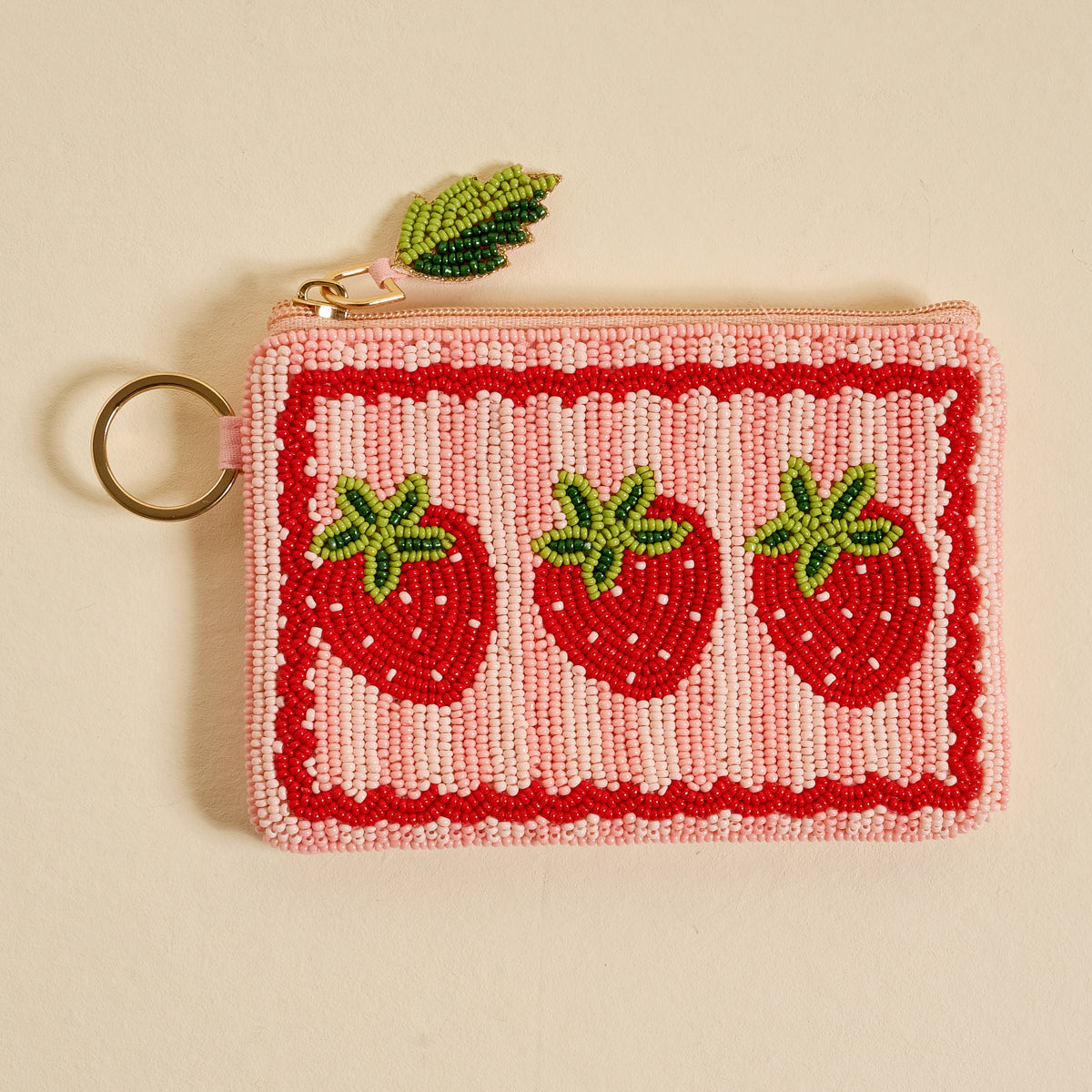 Strawberries Handcrafted Beaded Pouch